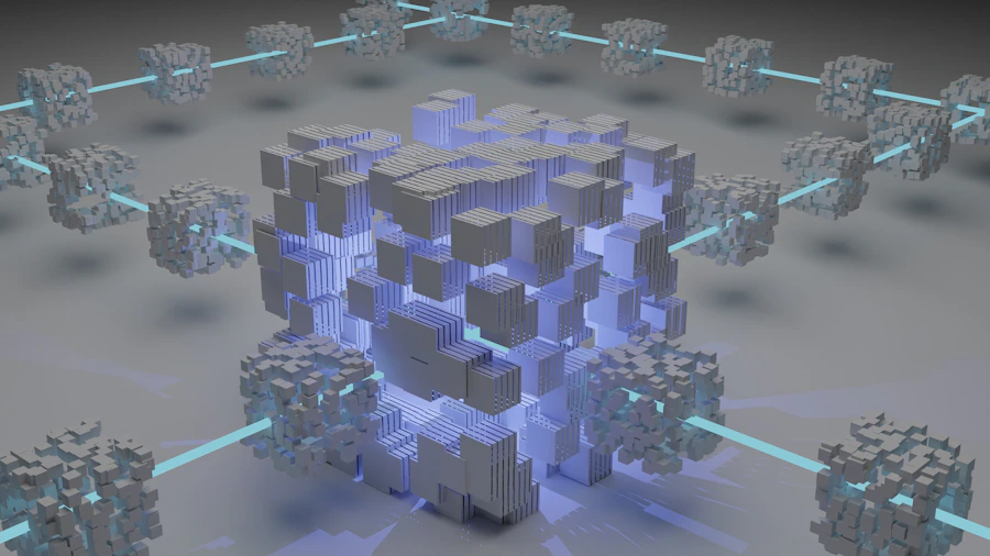 Visualização abstrata de redes e infraestrutura em nuvem em tons de roxo